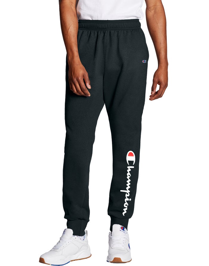 Champion Powerblend Fleece Script Logo Black Joggers Mens - South Africa ISUXDA278